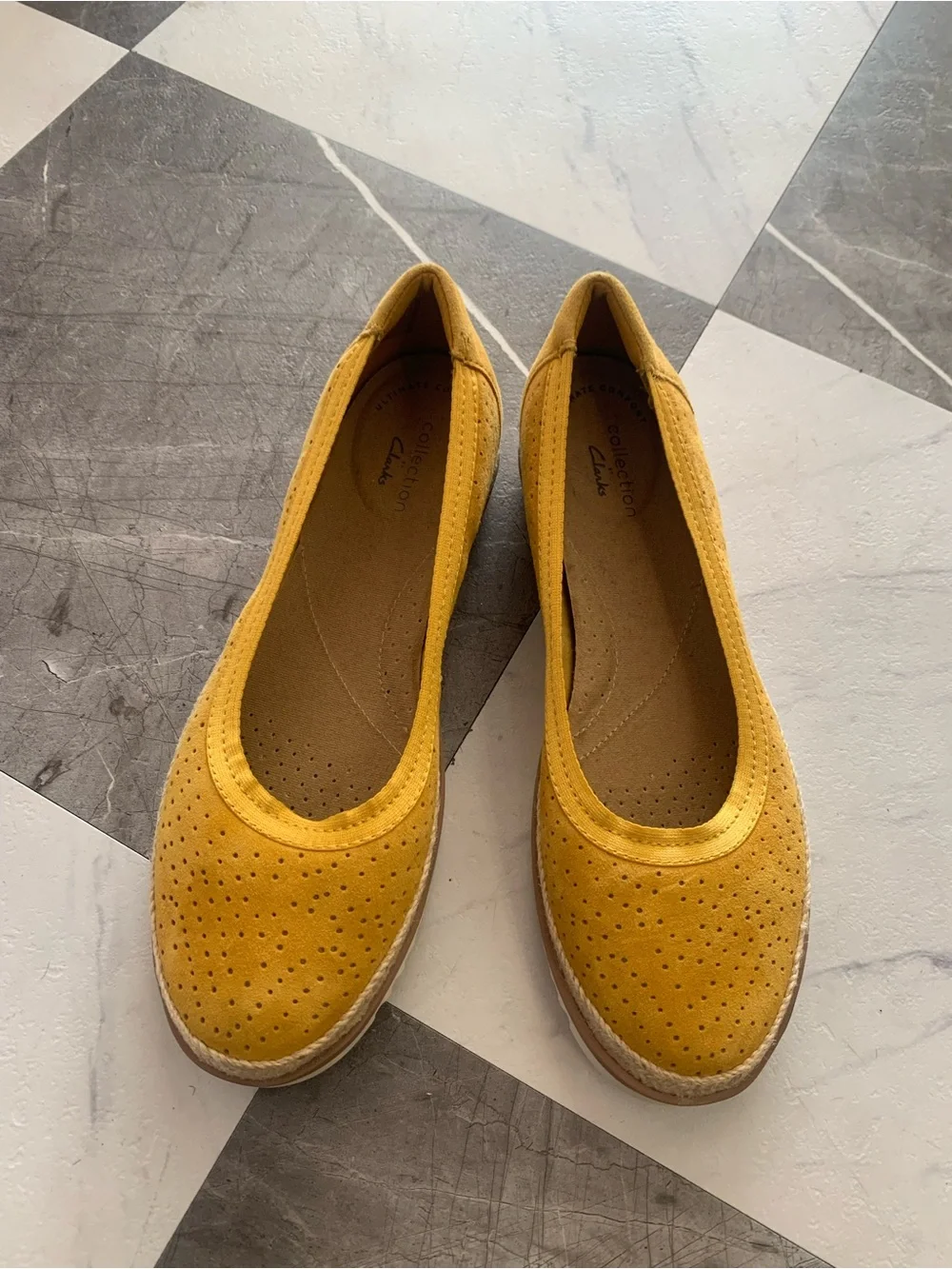 Clarks Mustard Suede Perforated Ballet Flats